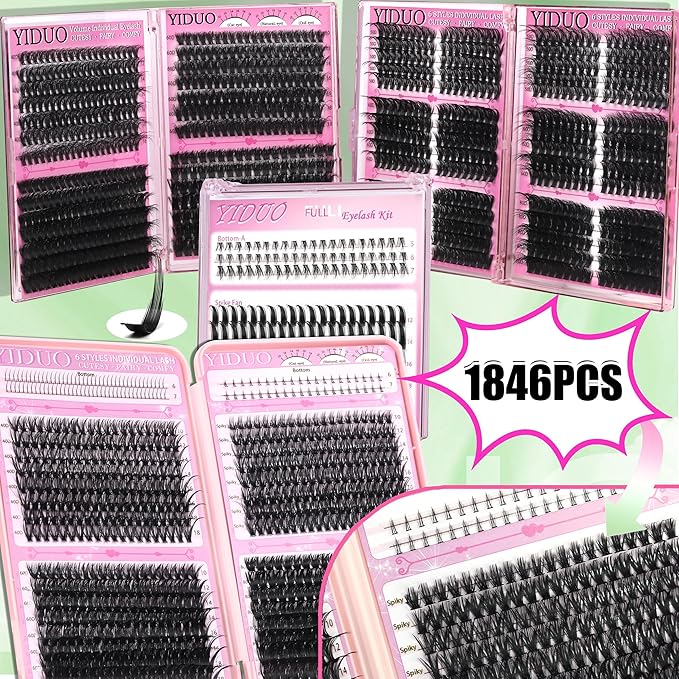 YIDUO Lashes Clusters Kit 1846Pcs Bulk Packs Volume False Eyelash Extensions D Curl Wispy Individual Eyelashes, Volume Studio Effect, Wholesale Large Pack with Glue&Seal|Tweezers|Removers|Cleanser