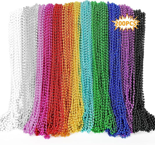 200PCS Mardi Gras Beads, Metallic 12 kinds Bead Necklace Party Favors, 33" Mardi Gras Necklace Bulk Accessories Stuff, Festival Parade Throw for Wedding Birthday Mardi Gras Celebrations Decorations