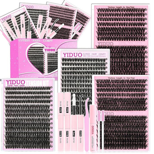 YIDUO 4 Styles Lash Clusters Kit 60D+80D+100D+150D Volume Clusters Lashes Extensions Kit with 2 Bond and Seal 10-18mm Wispy D Curly Full DIY Individual Eyelash Extensions Kit DIY at Home Easily