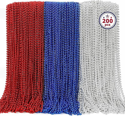 EOBOH 4th of July Necklace, 200PCS Independence Day Beads Toy Necklace Accessories, Fourth of July Red Blue Silver Bulk, Beads Bulk for Patriotic Parade Party Toy Celebration Favors