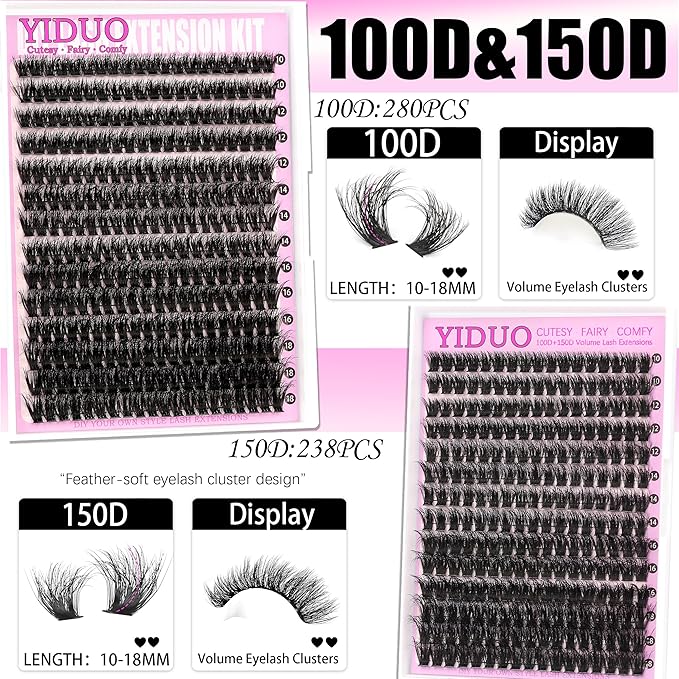 YIDUO 4 Styles Lash Clusters Kit 60D+80D+100D+150D Volume Clusters Lashes Extensions Kit with 2 Bond and Seal 10-18mm Wispy D Curly Full DIY Individual Eyelash Extensions Kit DIY at Home Easily
