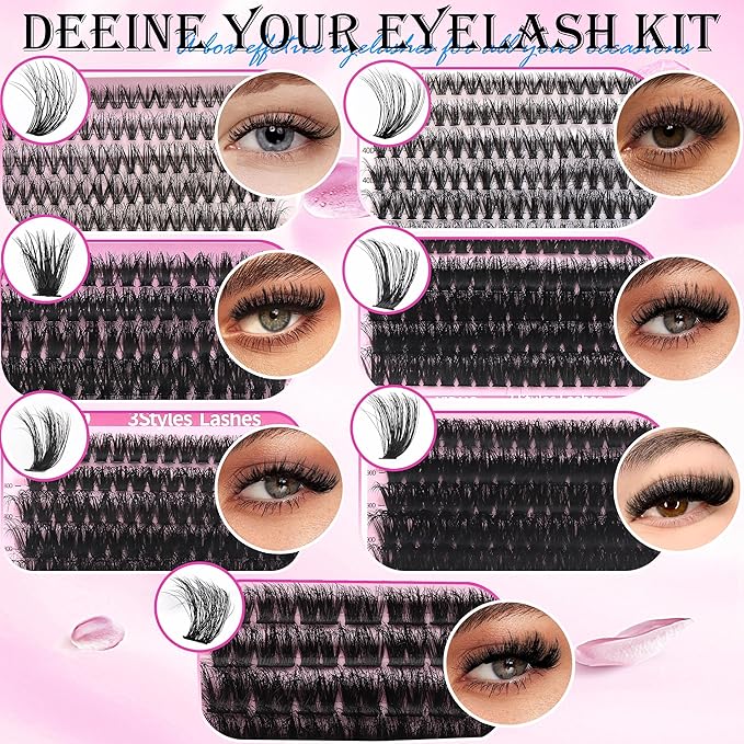 YlDUO Lashes Clusters Kit 7 style Mix Clusters Eyelashes Extensions 835Pcs C-Curl Volume Lashes Clusters Kit 9-18mm Wispy DIY Individual Fake Eyelash Extensions Kit DIY at Home Easily